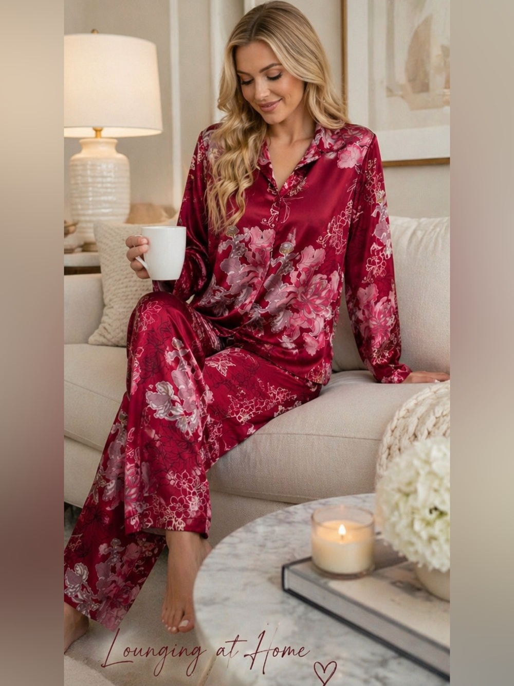 🌸 Elegant Satin Floral Lounge Set – Size Large 🌸